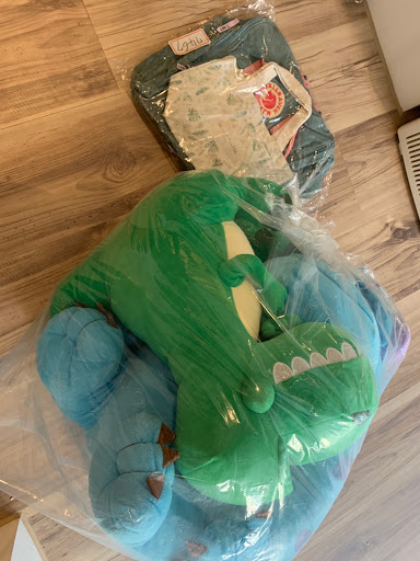 客戶分享的娃娃送洗案例，綠色與藍色絨毛玩偶以透明袋包裝